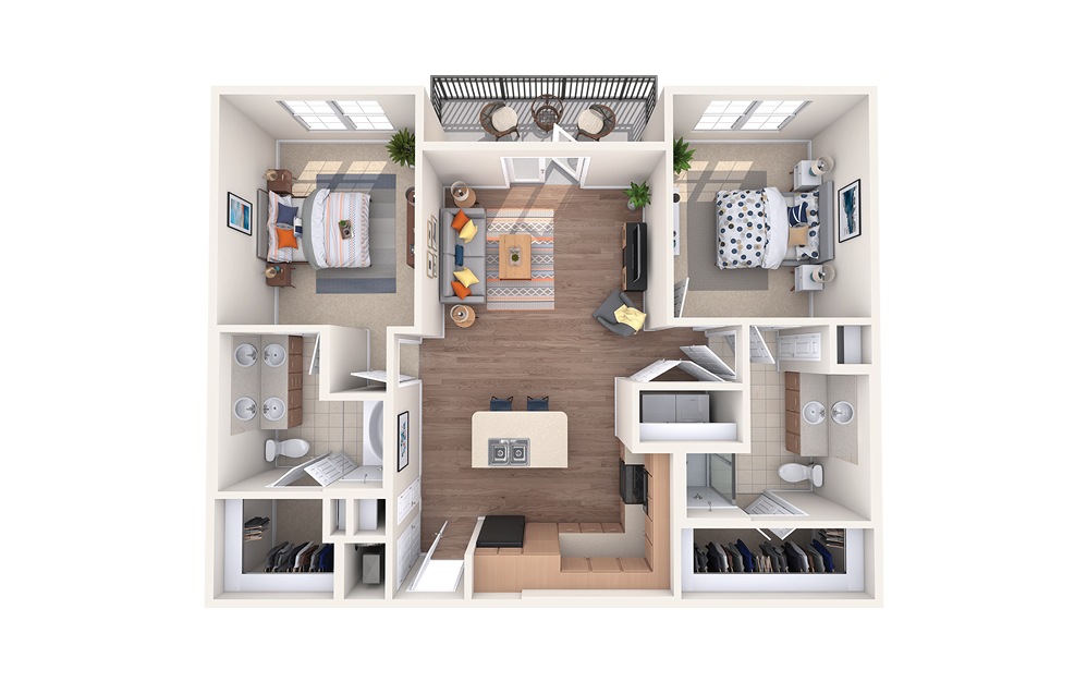 B2 - 2 bedroom floorplan layout with 2 baths and 1070 square feet.