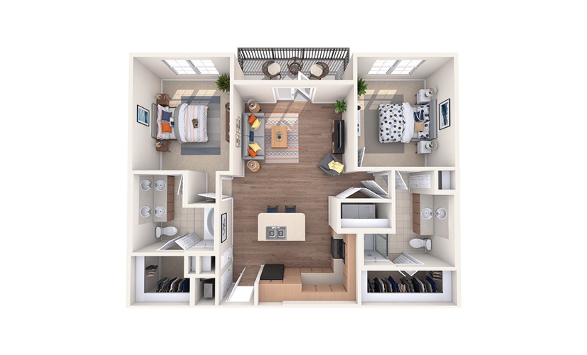 B2 - 2 bedroom floorplan layout with 2 bathrooms and 1070 square feet